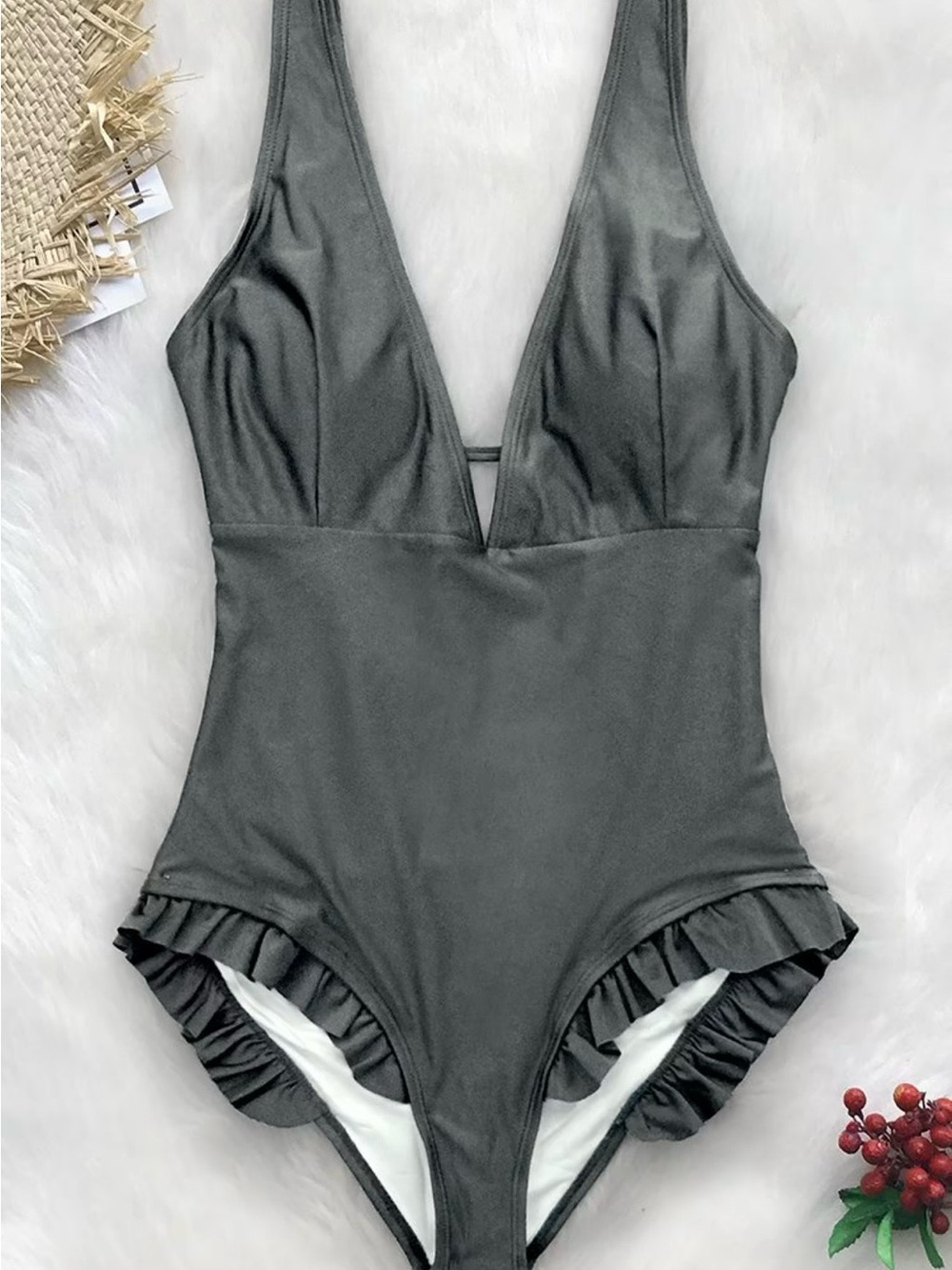 Cupshe Deep V Ruffle One-Piece Swimsuit - Charcoal
